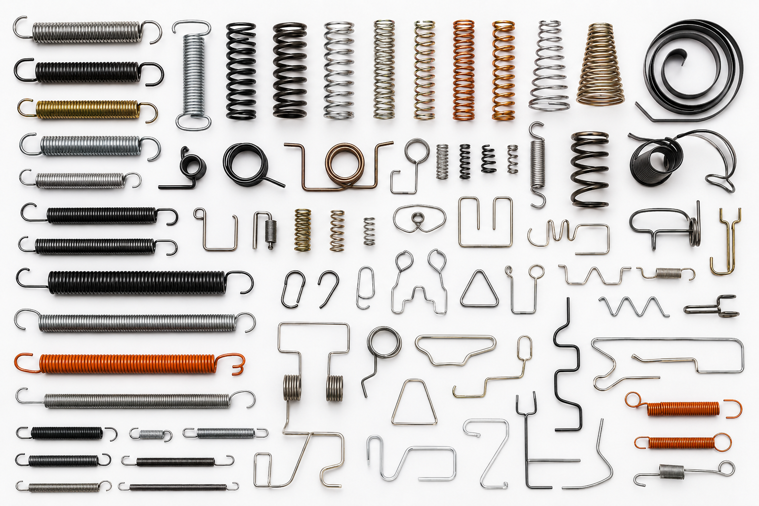 Assortment of springs and wire forms in varying diameters and finishes